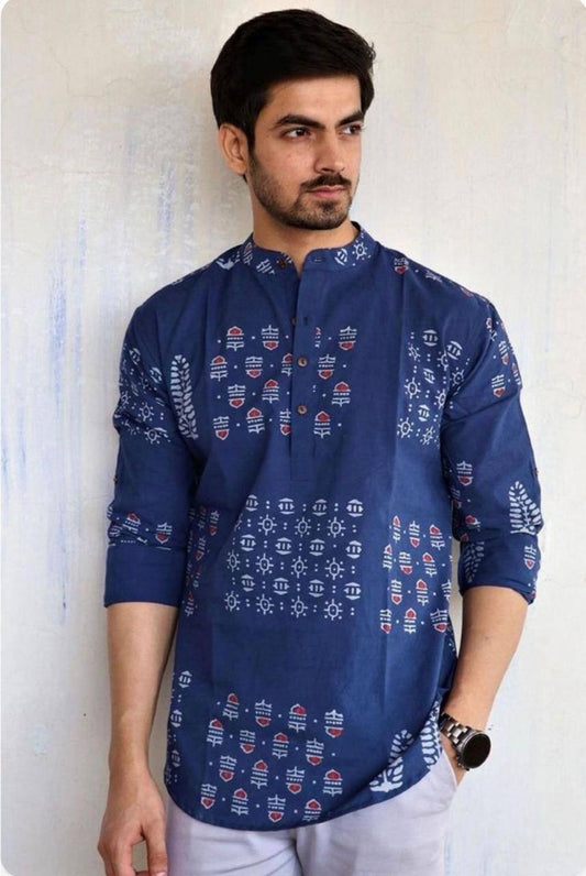 Men’s Blue Printed Short Kurta