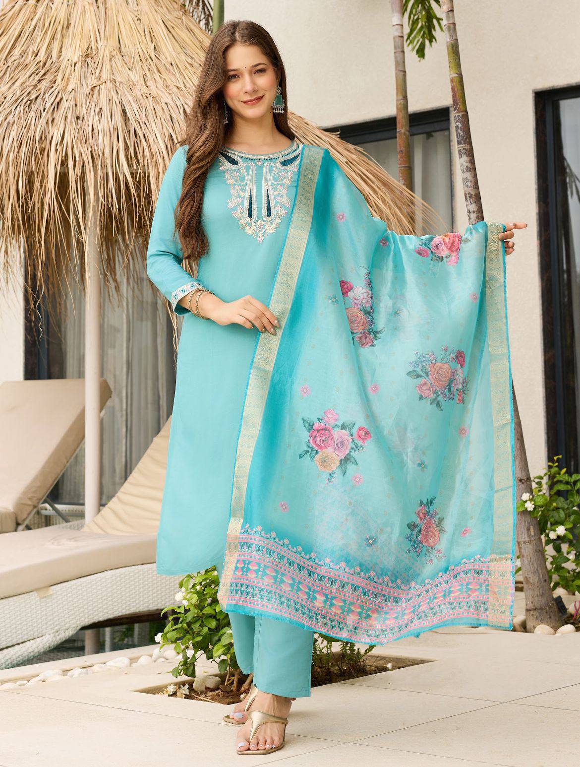 Sky Blue Embroidered Viscose Kurti Set  with Dupatta