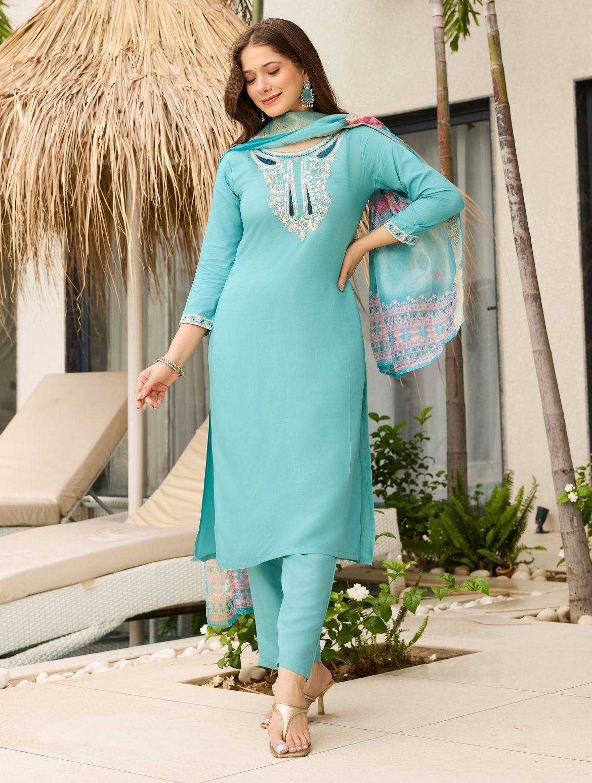 Sky Blue Embroidered Viscose Kurti Set  with Dupatta