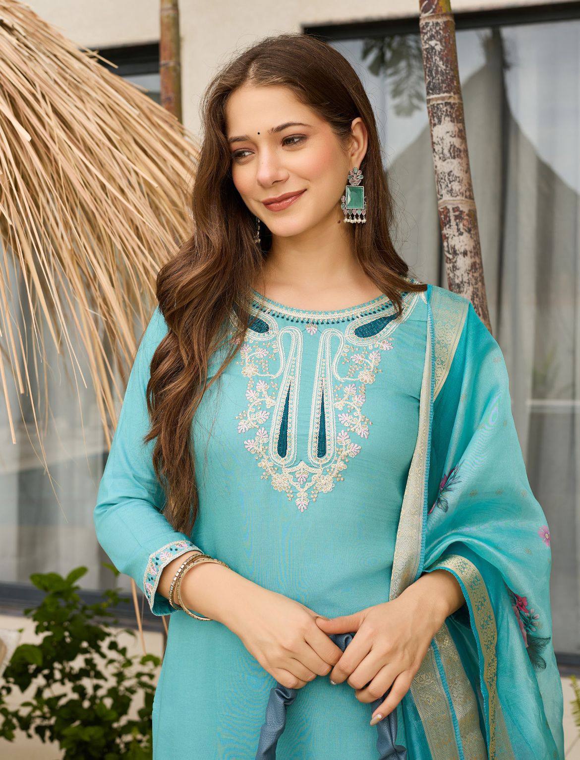 Sky Blue Embroidered Viscose Kurti Set  with Dupatta