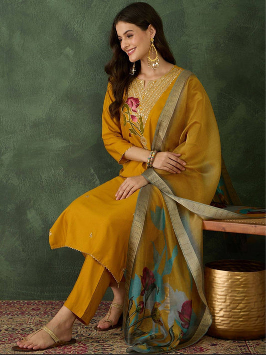 Mustard Embroidered Kurti Set with Dupatta
