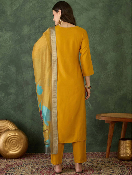 Mustard Embroidered Kurti Set with Dupatta