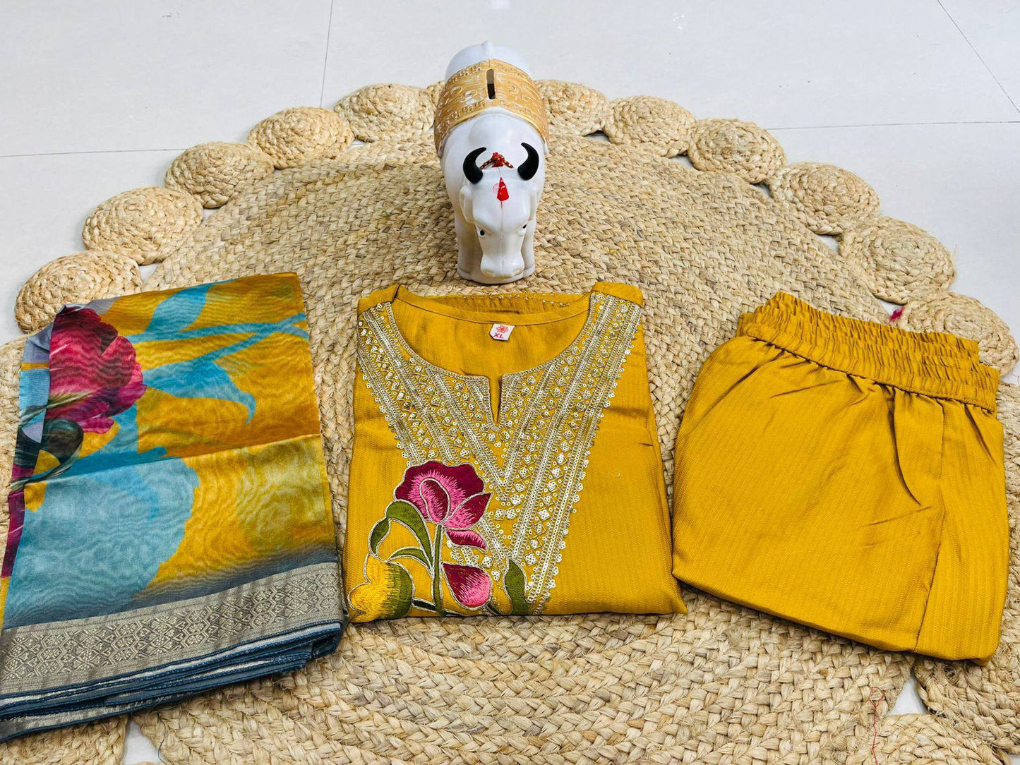 Mustard Embroidered Kurti Set with Dupatta