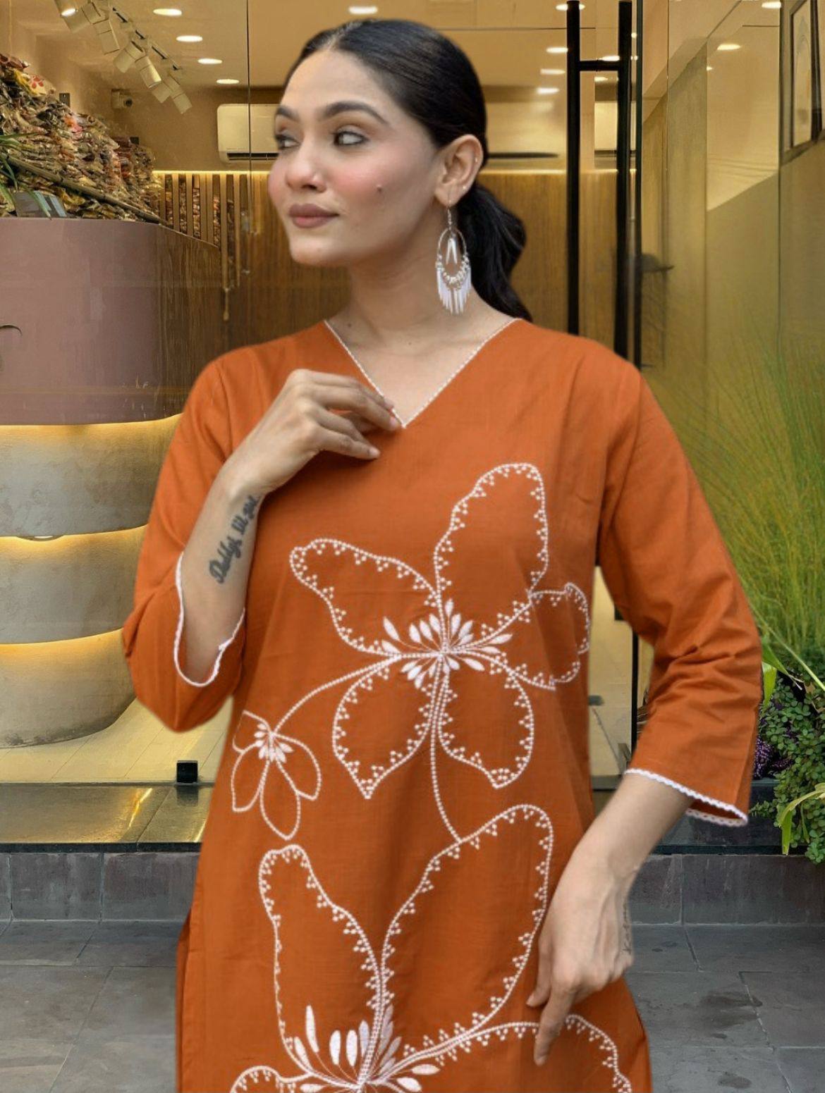 Vibrant Orange Printed Rayon Kurti Set with  Dupatta