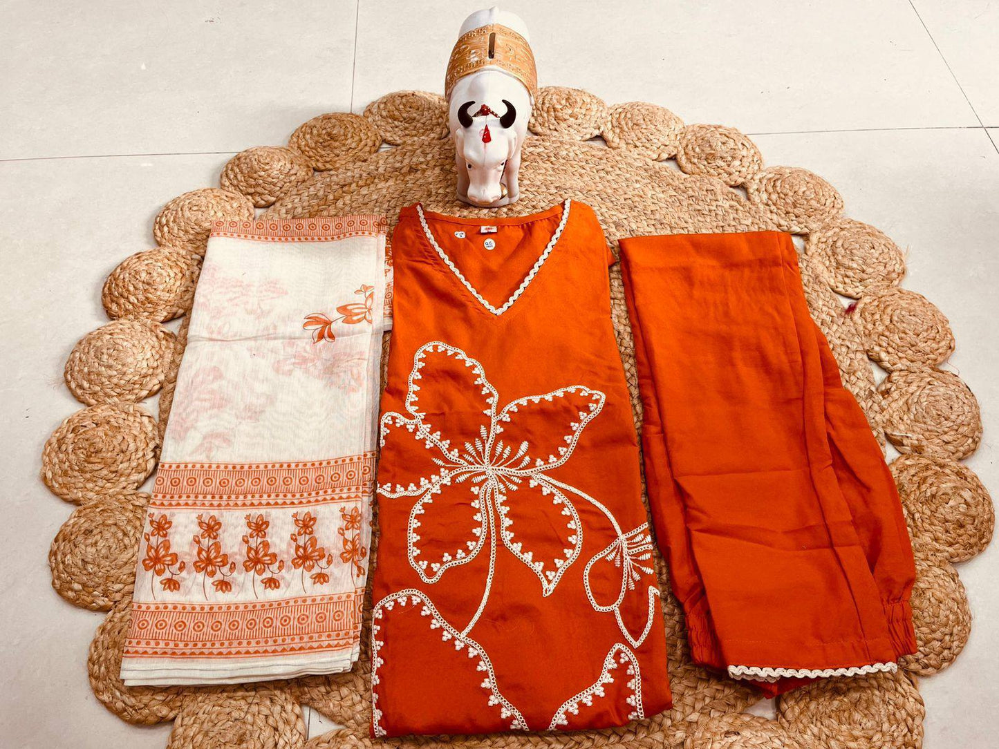 Vibrant Orange Printed Rayon Kurti Set with  Dupatta