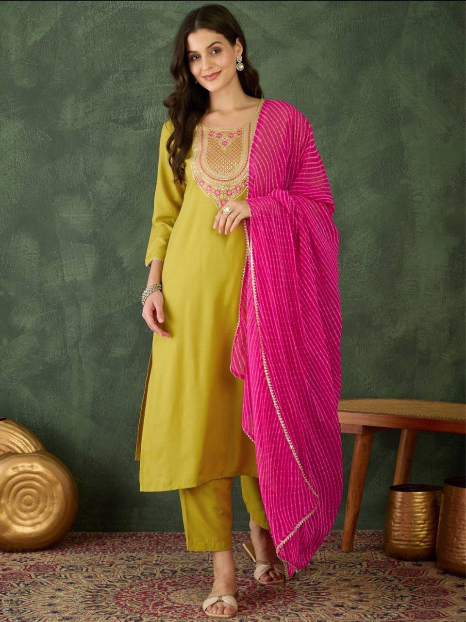 Green Embroidered Rayon Straight Kurta Set with Georgette Dupatta