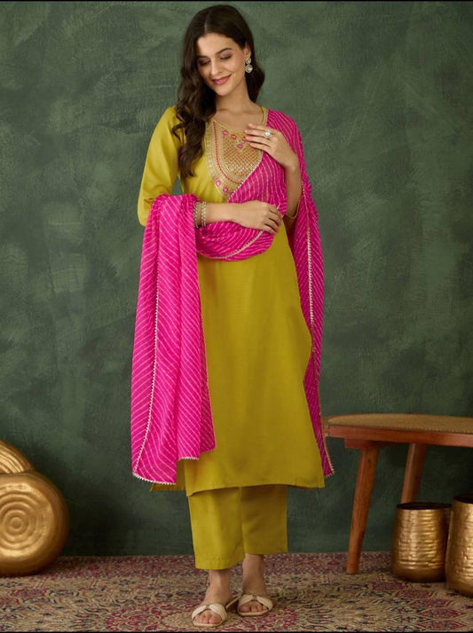 Green Embroidered Rayon Straight Kurta Set with Georgette Dupatta