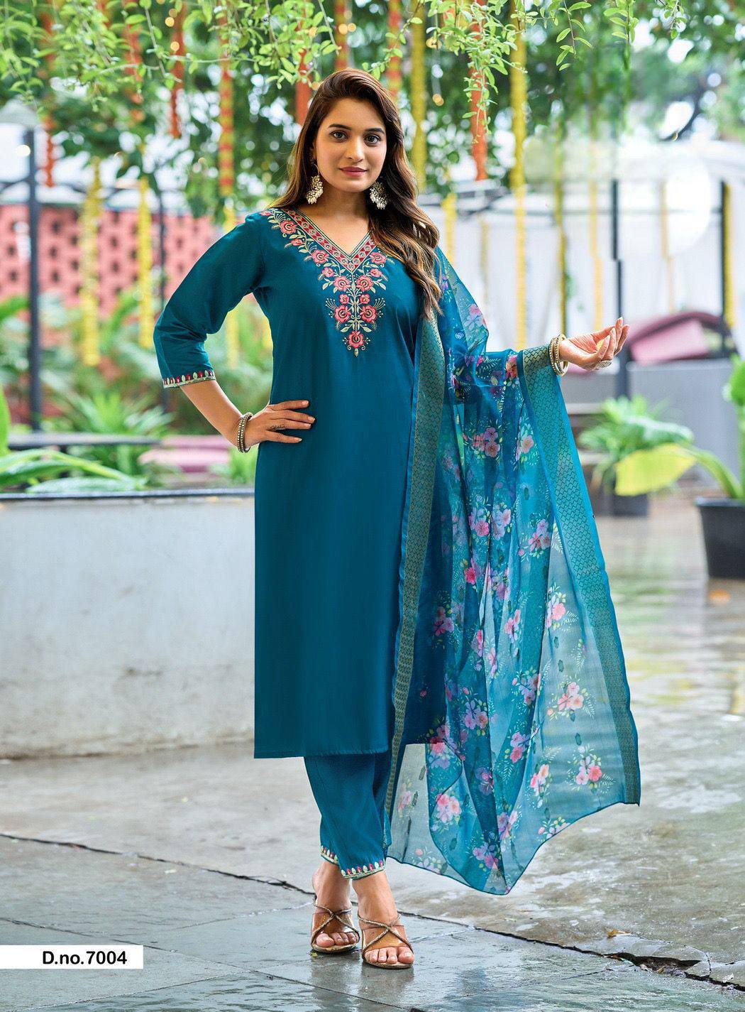 Teal Blue Kurti Set with Organza Jacquard Dupatta