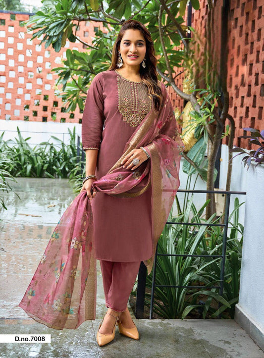 Dusty Rose Kurti Set with Organza Jacquard Dupatta
