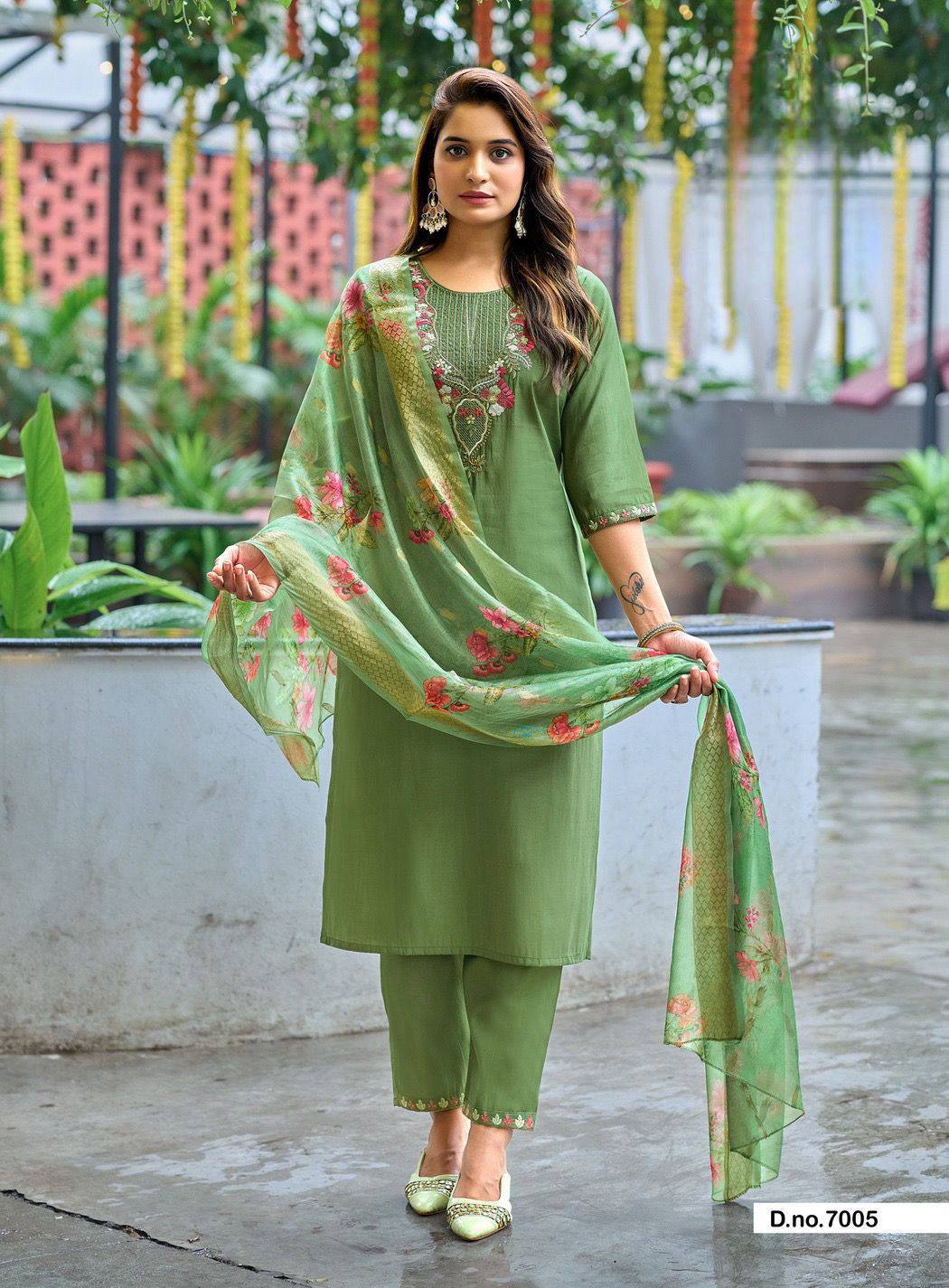 Green Kurti Set with Organza Jacquard Dupatta