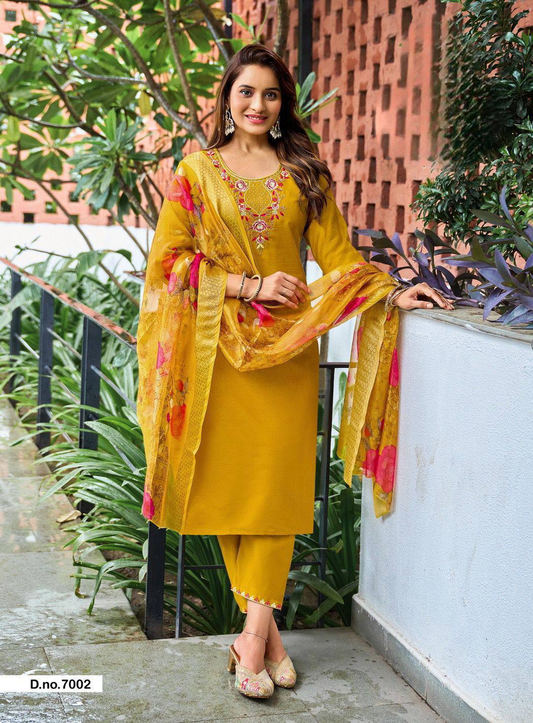 Yellow Straight Kurti Set with Organza Jacquard Dupatta