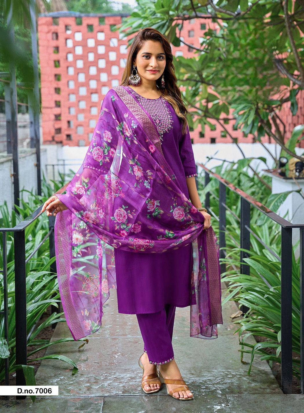 Purple Kurti Set with Organza Jacquard Dupatta