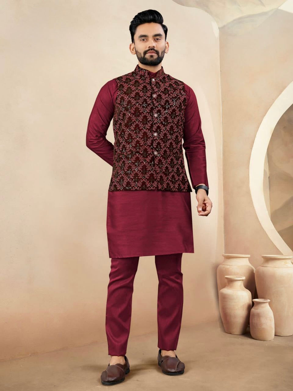 Men’s Velvet Embroidered Nehru Jacket Set