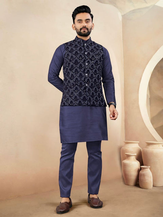 Men’s Velvet Embroidered Nehru Jacket Set