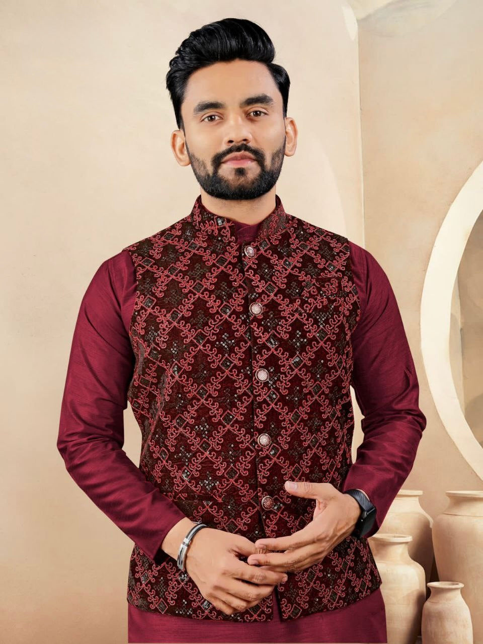 Men’s Velvet Embroidered Nehru Jacket Set