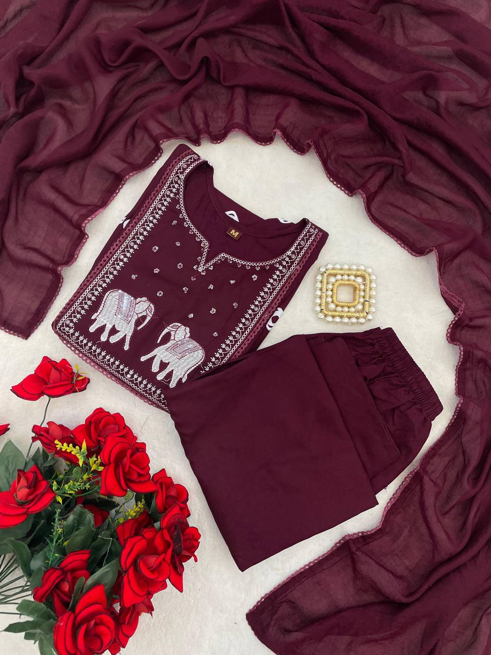 women purple vichitra silk kurti set with duppata and pants