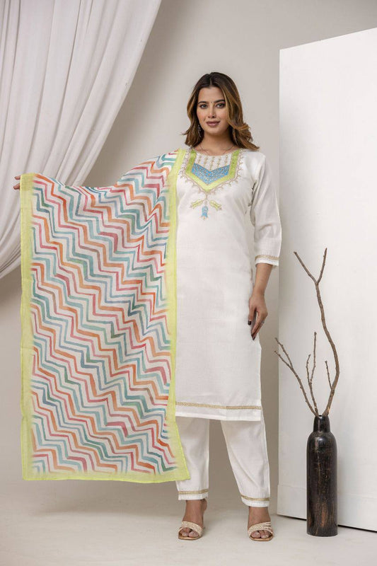 Women Cotton Silk Embroidered Kurti Set with Dupatta