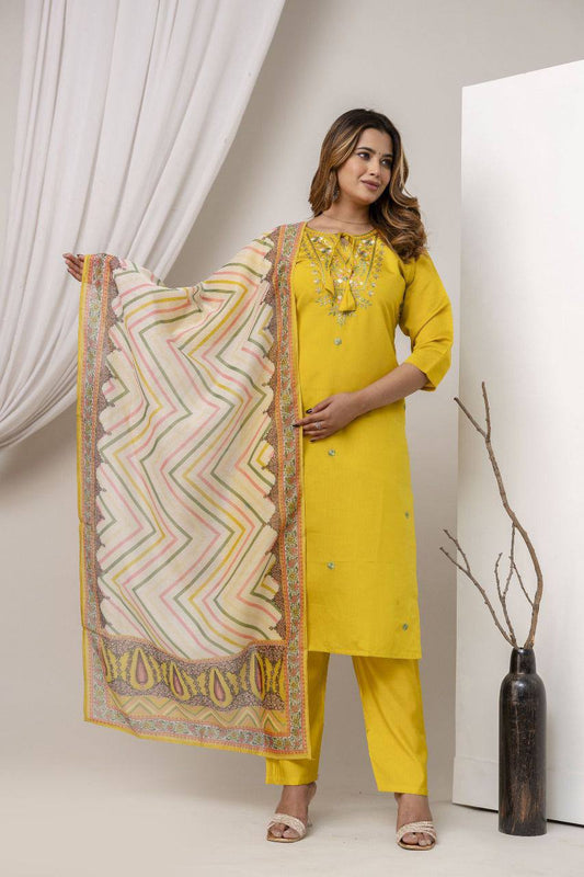 Women Cotton Silk Embroidered Kurti Set with Dupatta