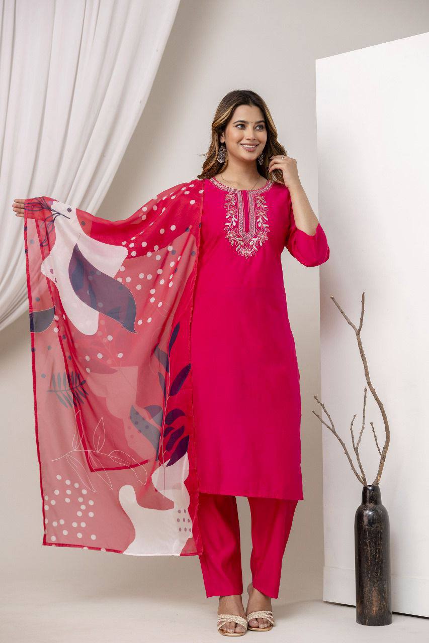 Women Cotton Silk Embroidered Kurti Set with Dupatta