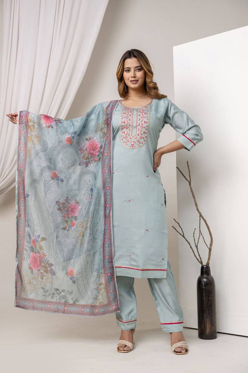 Women Cotton Silk Embroidered Kurti Set with Dupatta