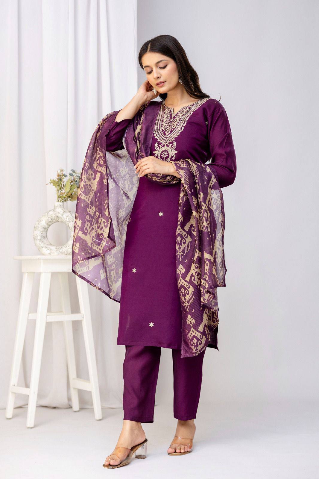 Women Cotton Silk Embroidered Kurti Set with Dupatta