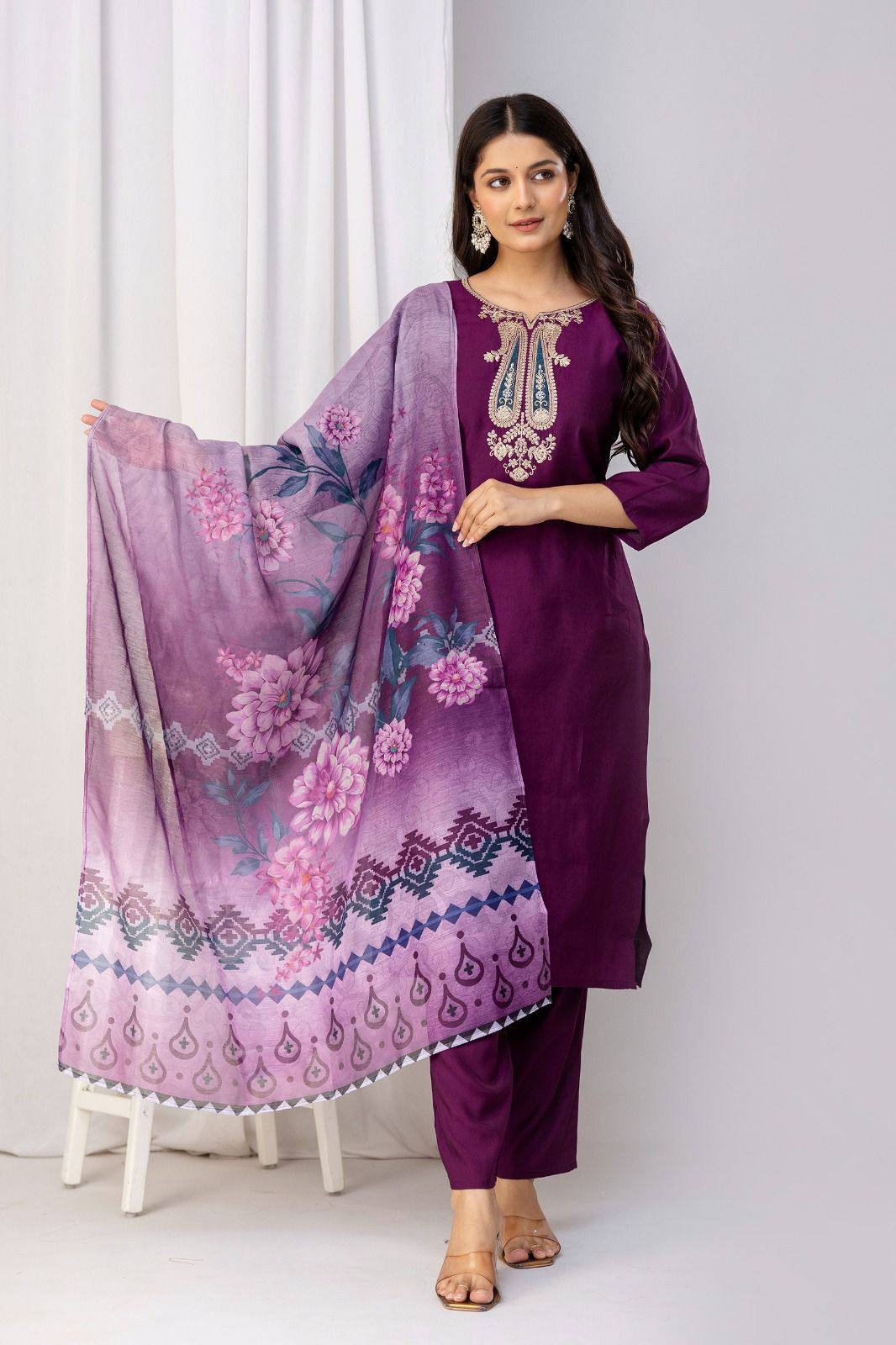 Women Cotton Silk Embroidered Kurti Set with Dupatta
