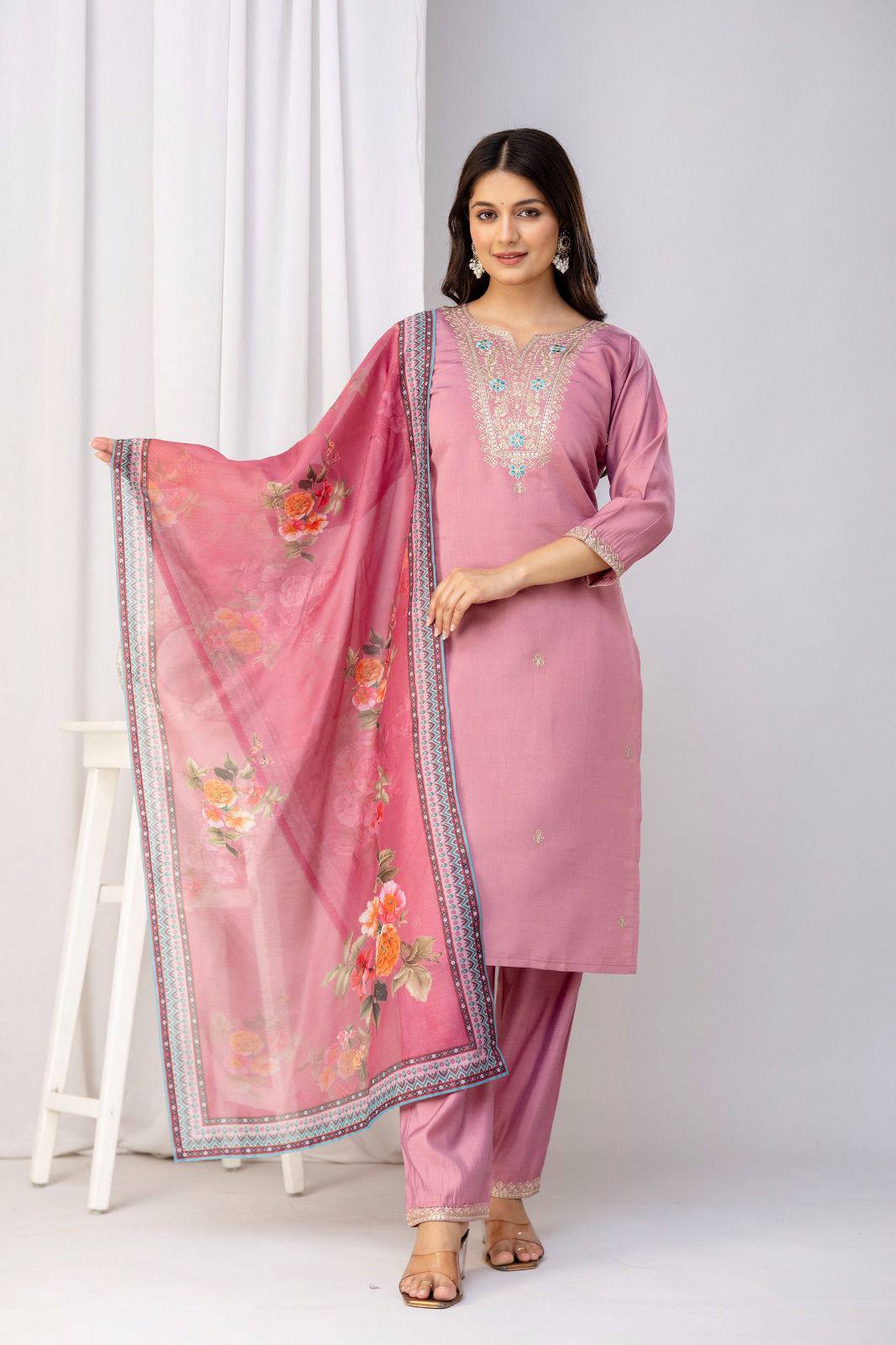 Women Cotton Silk Embroidered Kurti Set with Dupatta