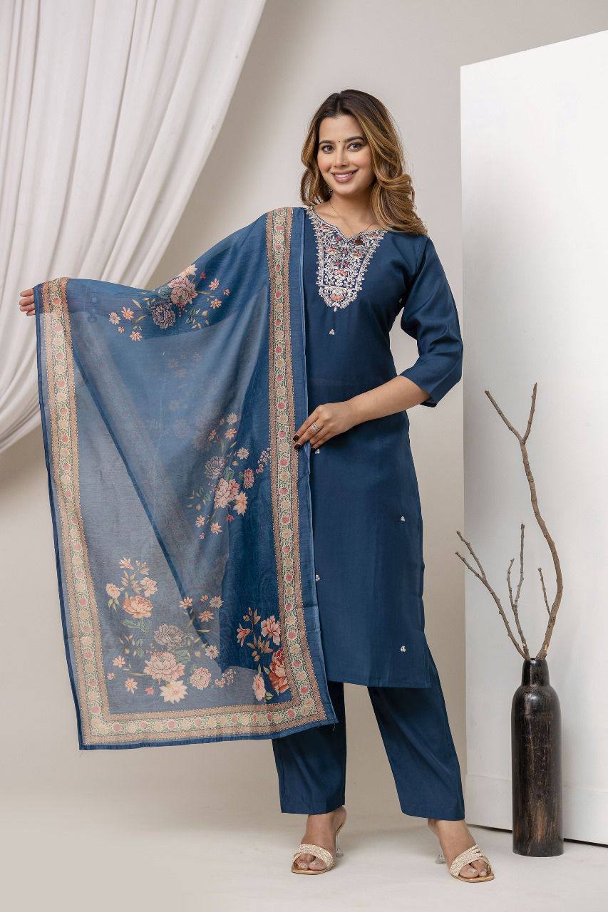 Women Cotton Silk Embroidered Kurti Set with Dupatta