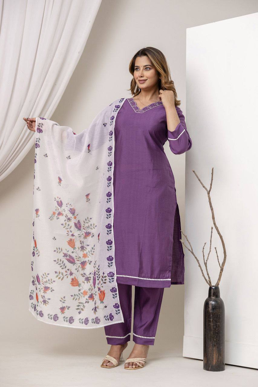 Women Cotton Silk Embroidered Kurti Set with Dupatta