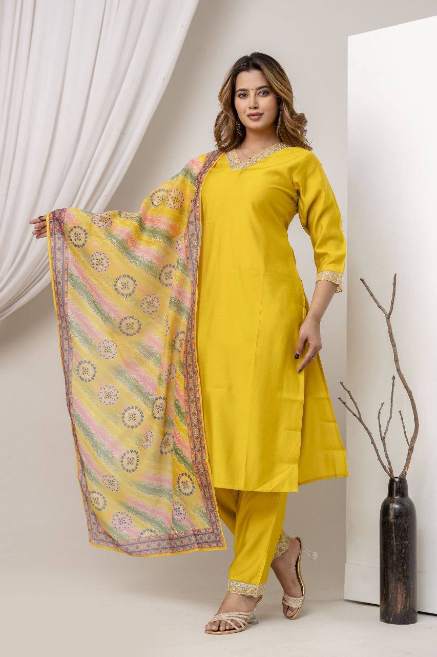 Women Cotton Silk Embroidered Kurti Set with Dupatta