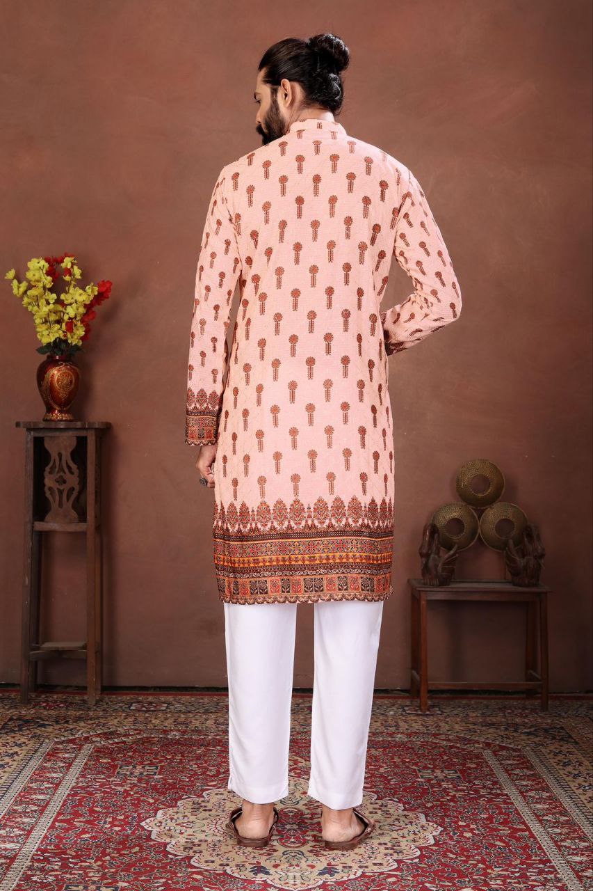 Men’s Kurta with Digital Print and Embroidery Work – Festive Wear