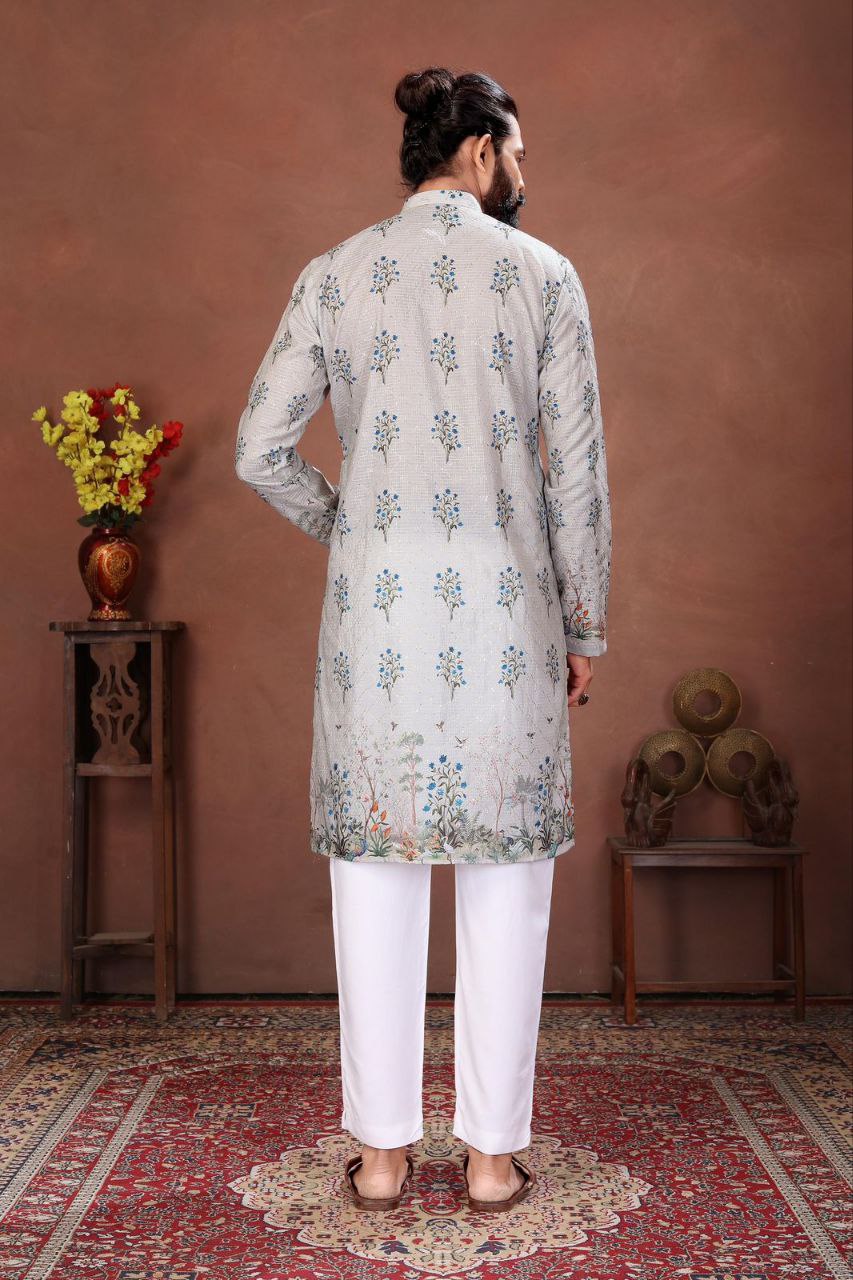 Men’s Kurta with Digital Print and Embroidery Work – Festive Wear
