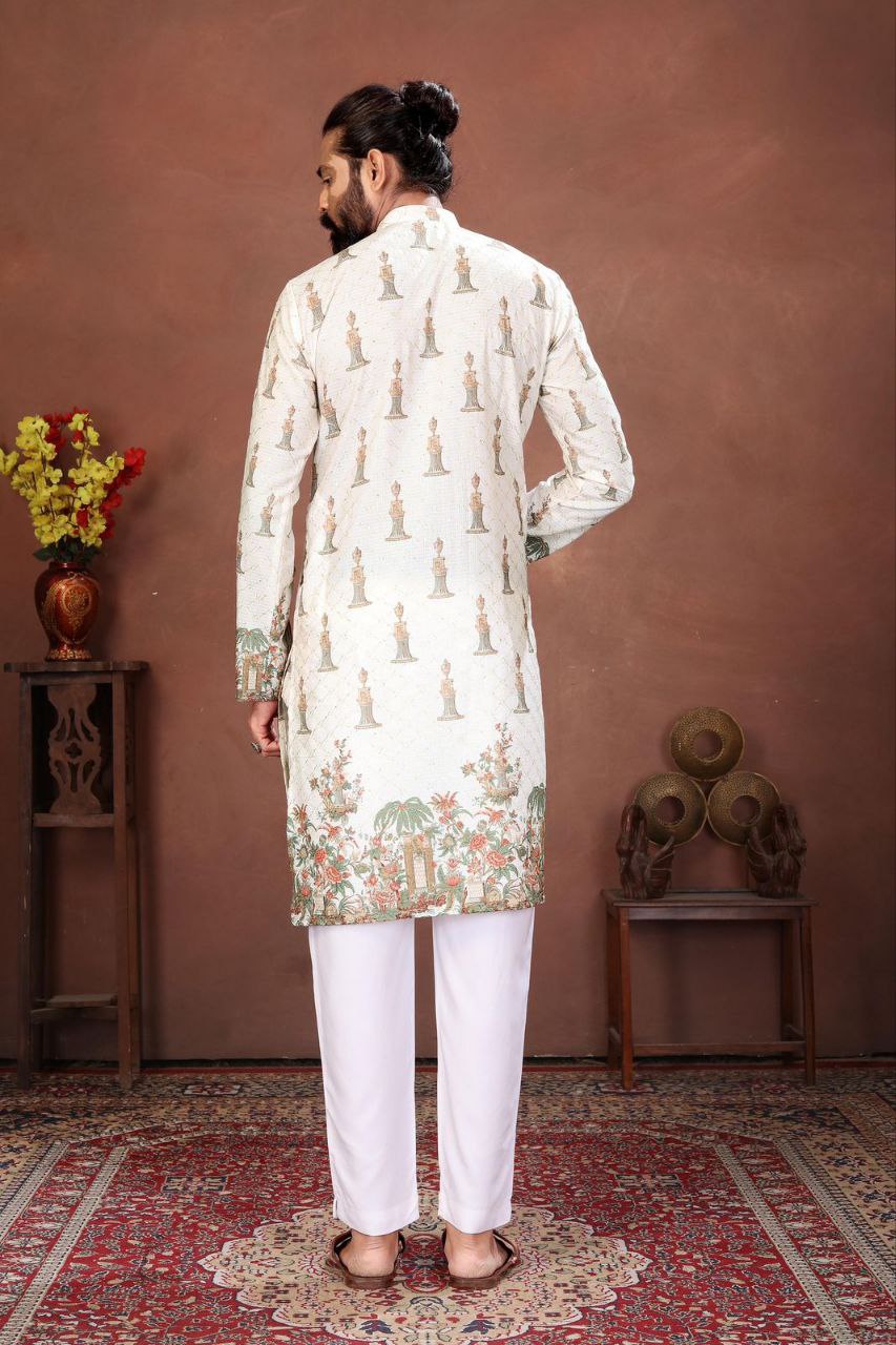 Men’s Kurta with Digital Print and Embroidery Work – Festive Wear