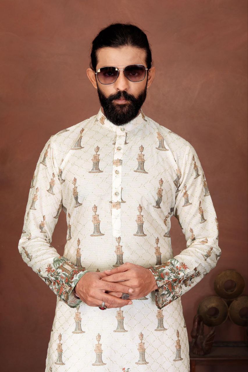 Men’s Kurta with Digital Print and Embroidery Work – Festive Wear