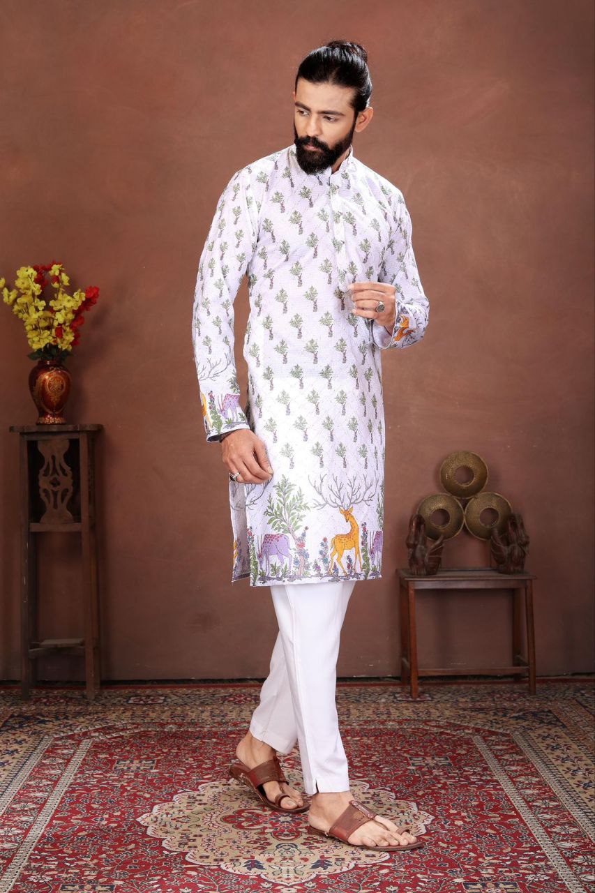 Men’s Kurta with Digital Print and Embroidery Work – Festive Wear