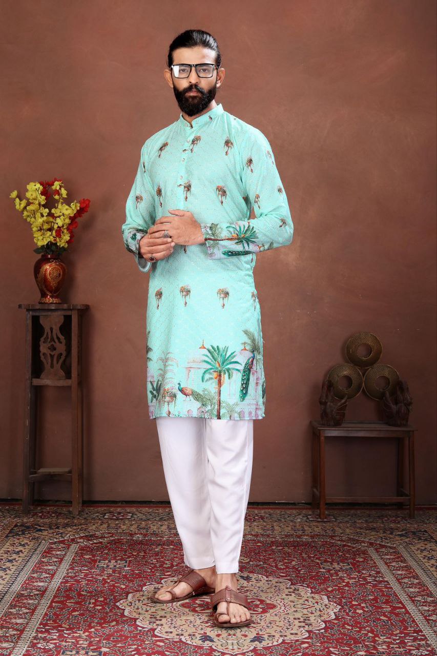 Men’s Kurta with Digital Print and Embroidery Work – Festive Wear
