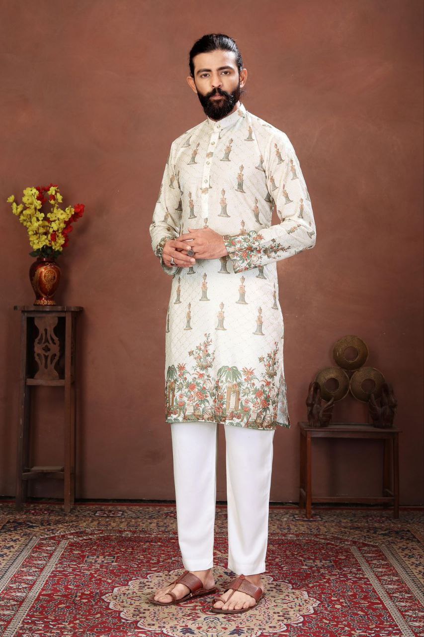 Men’s Kurta with Digital Print and Embroidery Work – Festive Wear