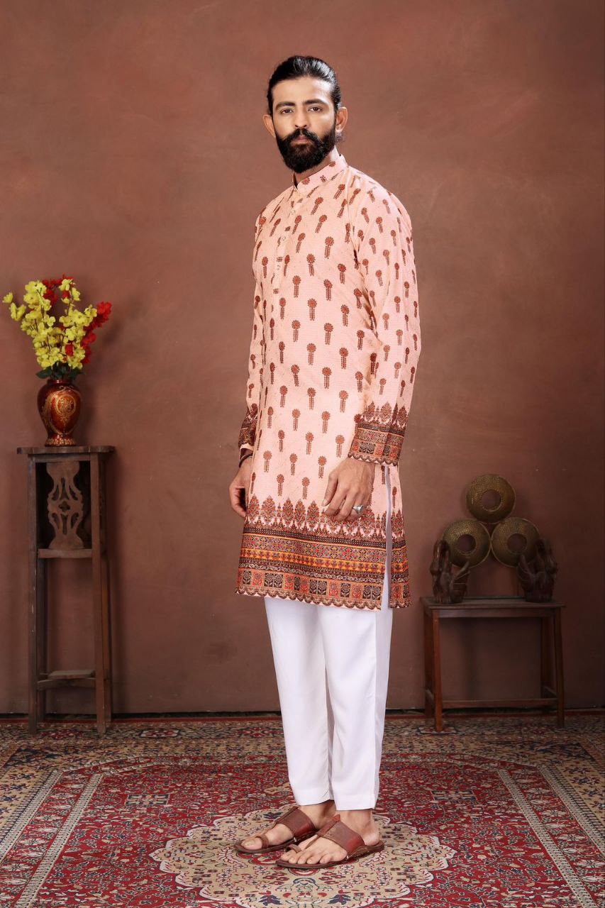 Men’s Kurta with Digital Print and Embroidery Work – Festive Wear