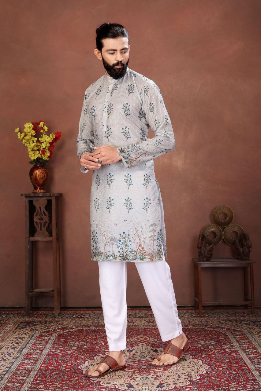 Men’s Kurta with Digital Print and Embroidery Work – Festive Wear