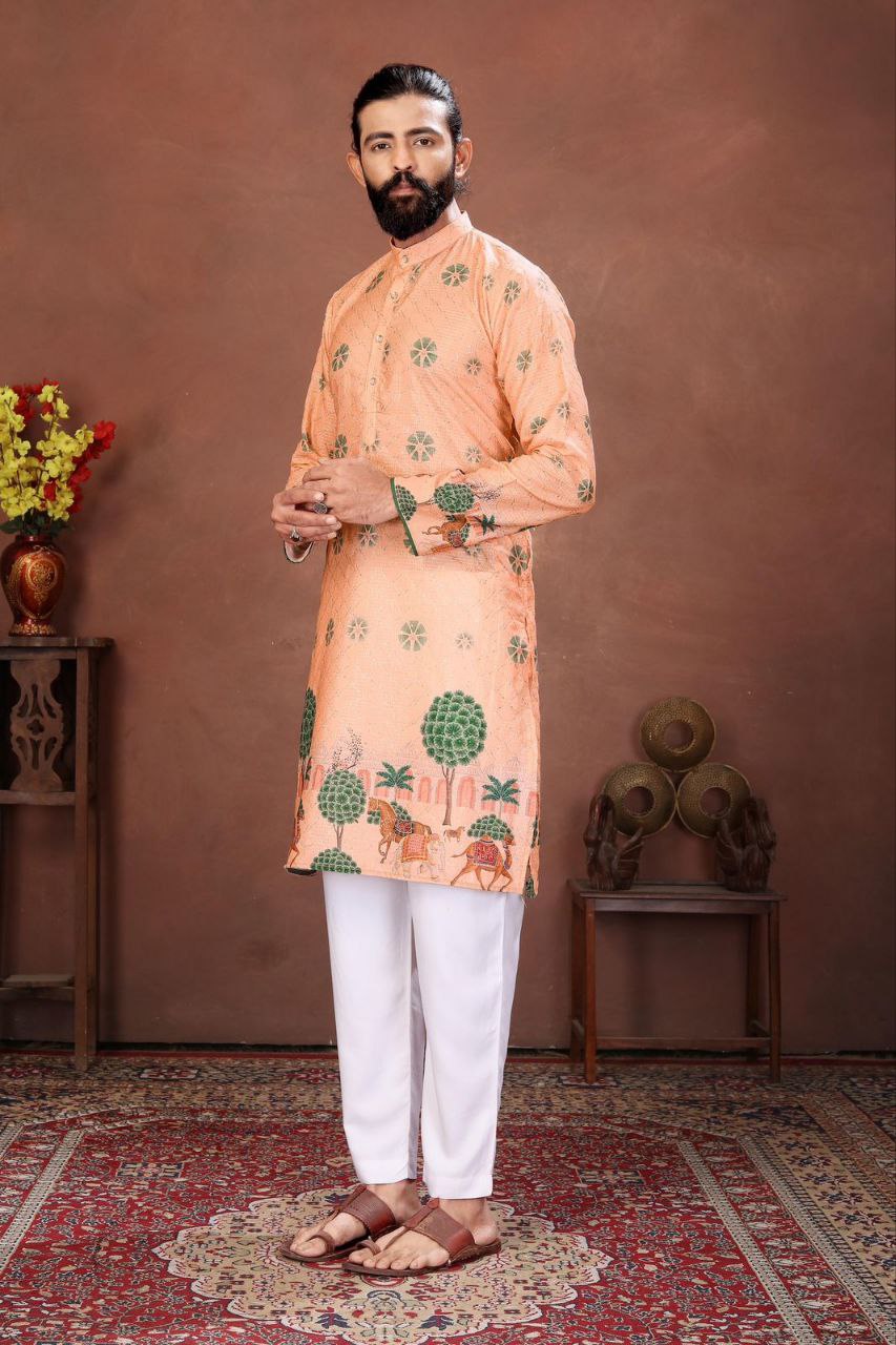 Men’s Kurta with Digital Print and Embroidery Work – Festive Wear