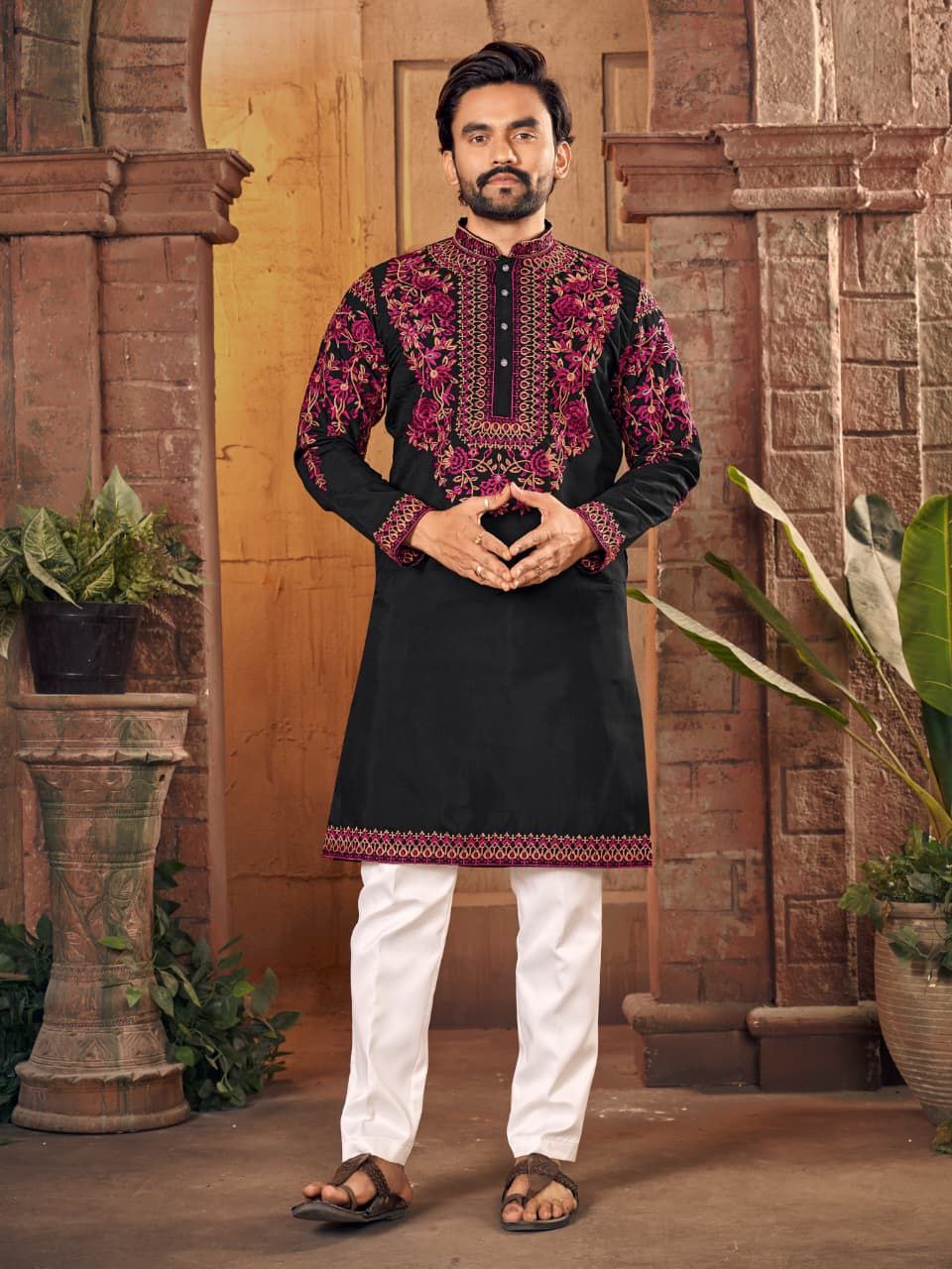 virasat black kurta with pants set with magenta floral embroidery work