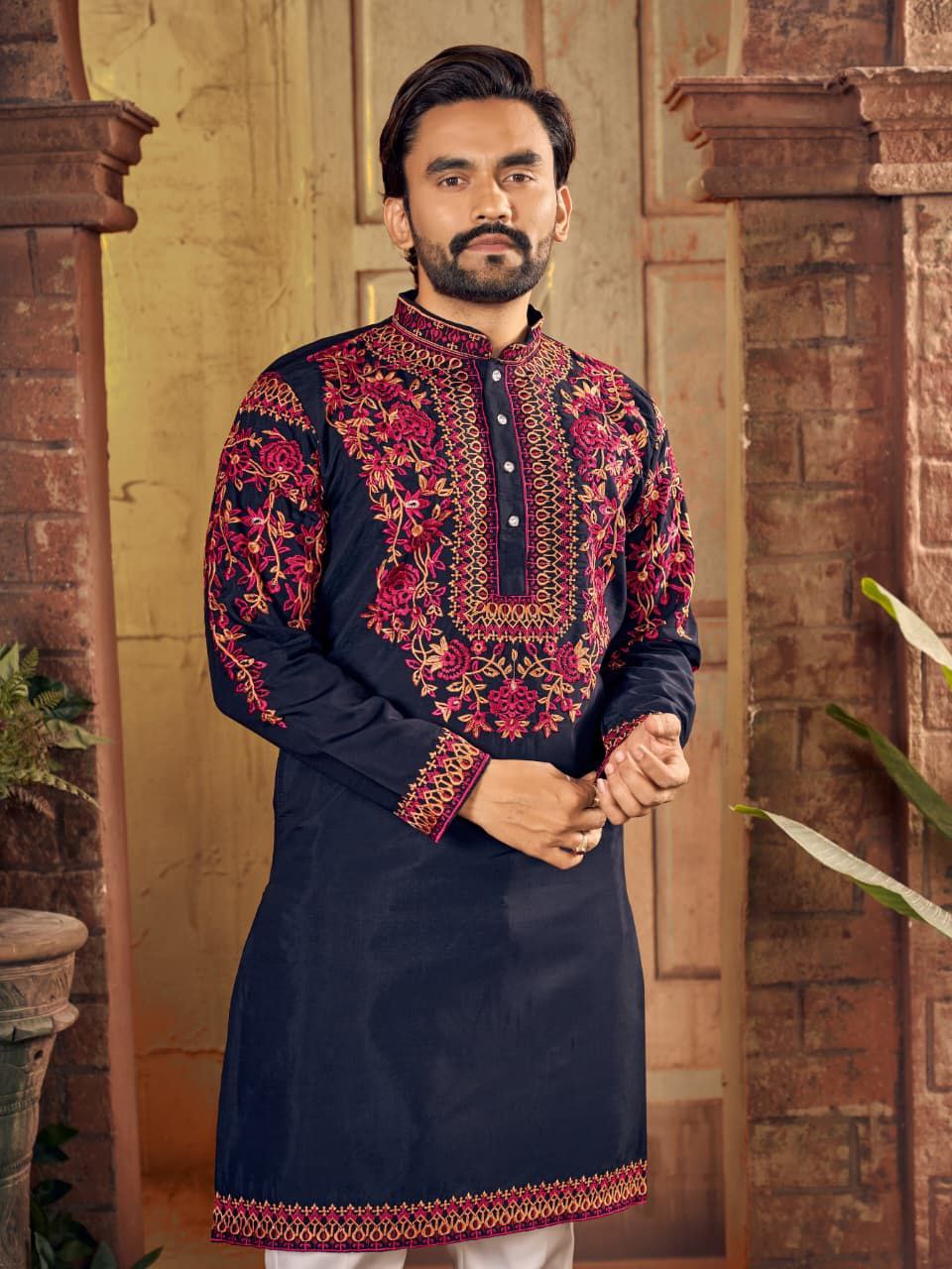 Virasat Men Blue Kurta set with Floral Embroidery