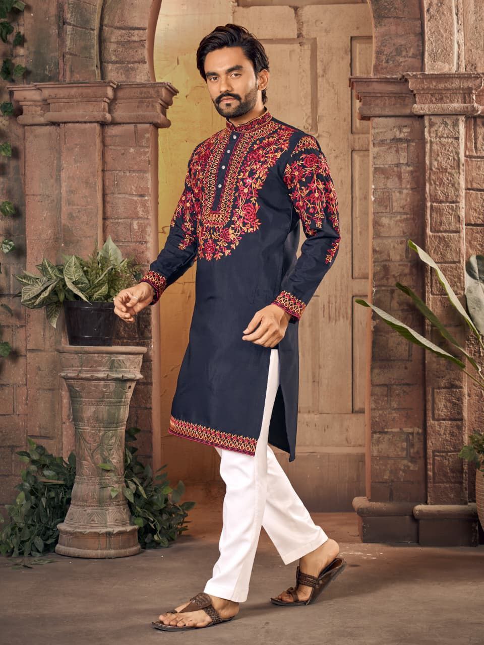 virasat blue kurta with pants set with magenta floral embroidery work