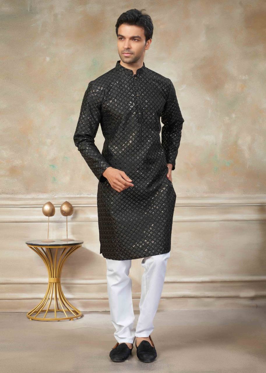 Men's Vibrant Kurta with Sequins Work & Pants