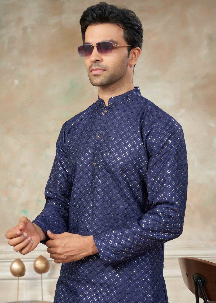 Men's Vibrant Kurta with Sequins Work & Pants