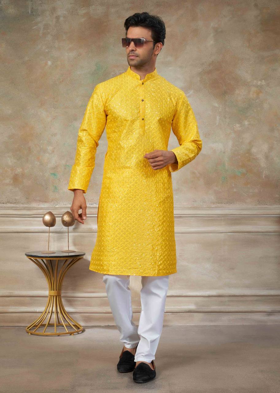 Men's Vibrant Kurta with Sequins Work & Pants