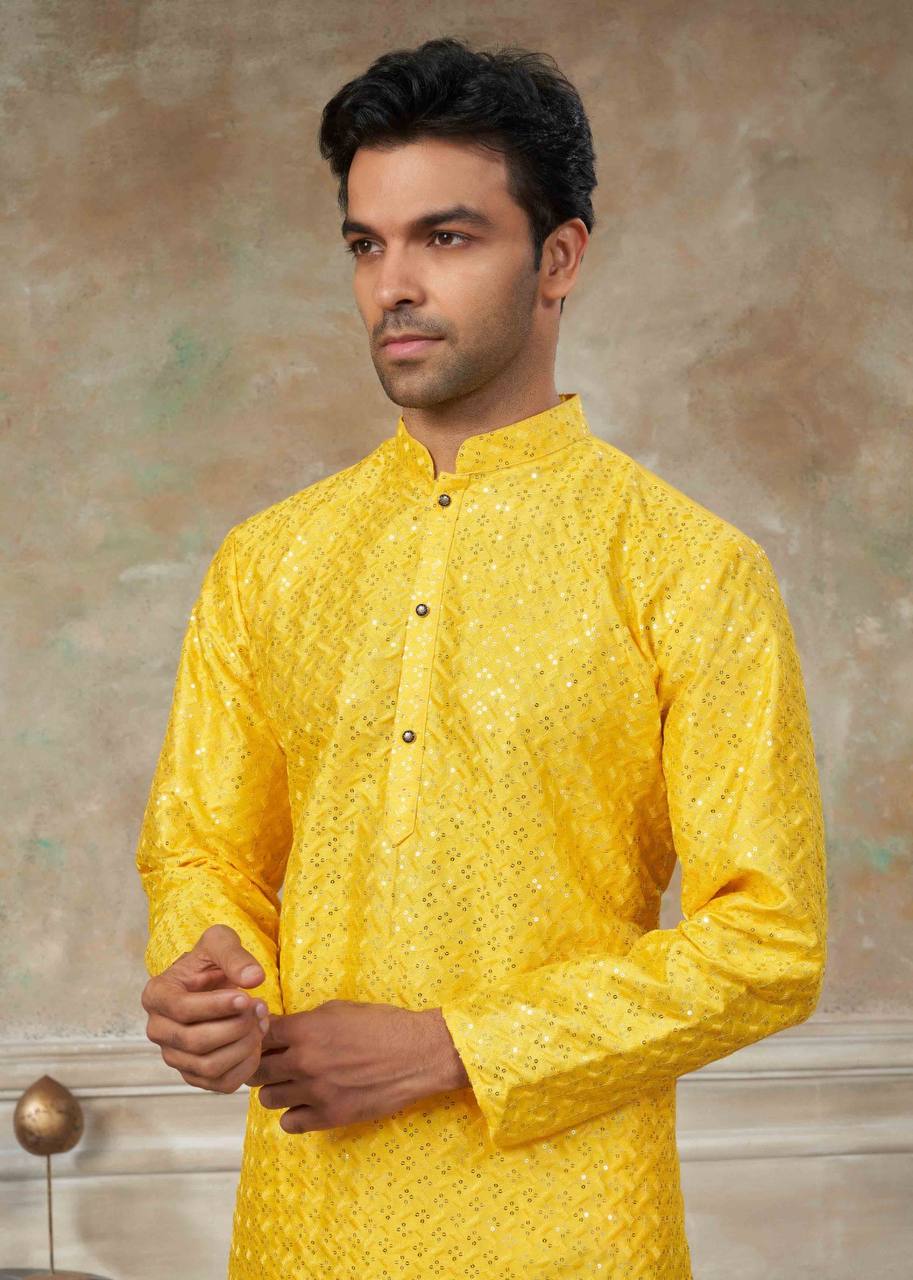 Men's Vibrant Kurta with Sequins Work & Pants