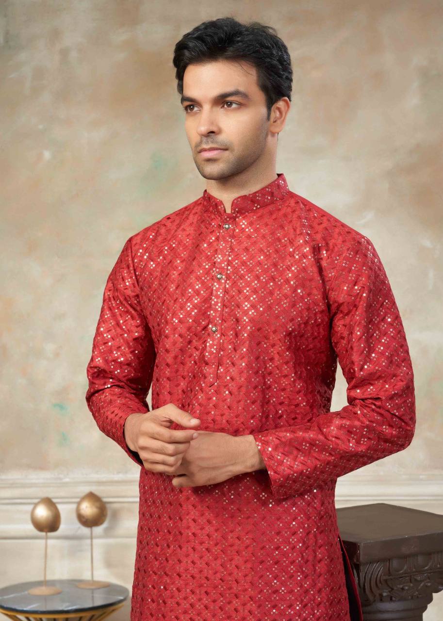 Men's Vibrant Kurta with Sequins Work & Pants