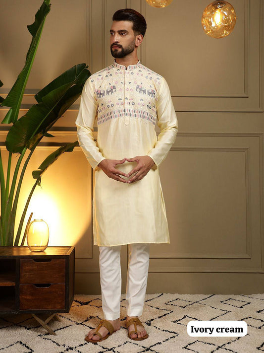 Men's Kurta Set with Elephant Motif & Floral Embroidery
