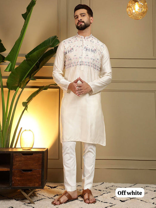 Men's Kurta Set with Elephant Motif & Floral Embroidery